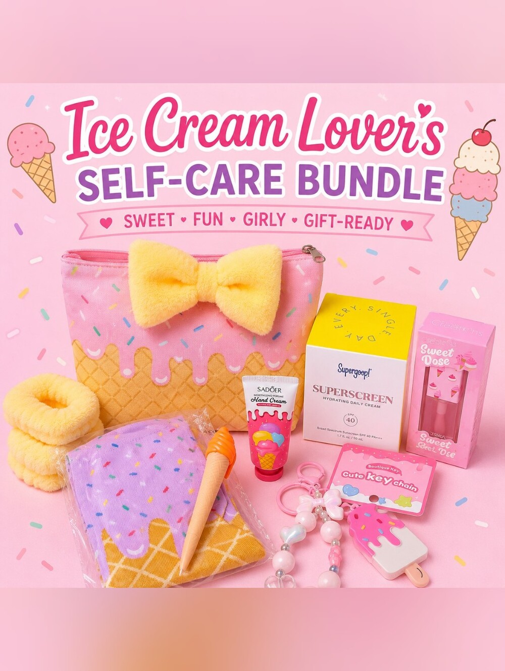 Ice Cream Lover’s Self-Care Bundle 🍦 Pink Sprinkle Makeup Bag + Beauty & Access
